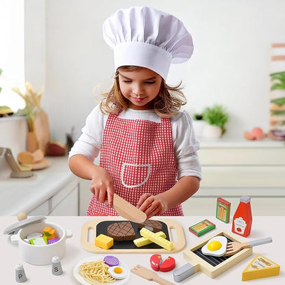 Wooden Play Kitchen Accessories for Toddlers 3-5, Play Food Sets for Kids Kitchen with Costume & Steak & Pasta & Utensils, Pretend Cooking Toys Christmas Birthday Gifts for Girls Boys 3 4 5 6