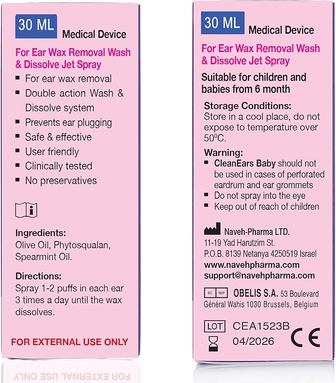 NAVEH PHARMA CleanEars Baby | Ear Wax Removal Kit Spray Ear Wax Softener Cleaner Ear Irrigation and Wax Dissolution | All-Natural Formula | Nonirritant – for Kids and Adults | 1 Fl Oz
