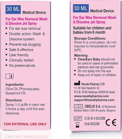 NAVEH PHARMA CleanEars Baby | Ear Wax Removal Kit Spray Ear Wax Softener Cleaner Ear Irrigation and Wax Dissolution | All-Natural Formula | Nonirritant – for Kids and Adults | 1 Fl Oz