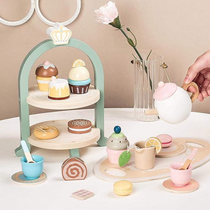 Wooden Dessert Cake Tea Party Set for Little Girls Toys, Pretend Play Kids Tea Set for Toddlers Wood Toys, Wooden Play Food Kitchen Accessories Sets for Kids