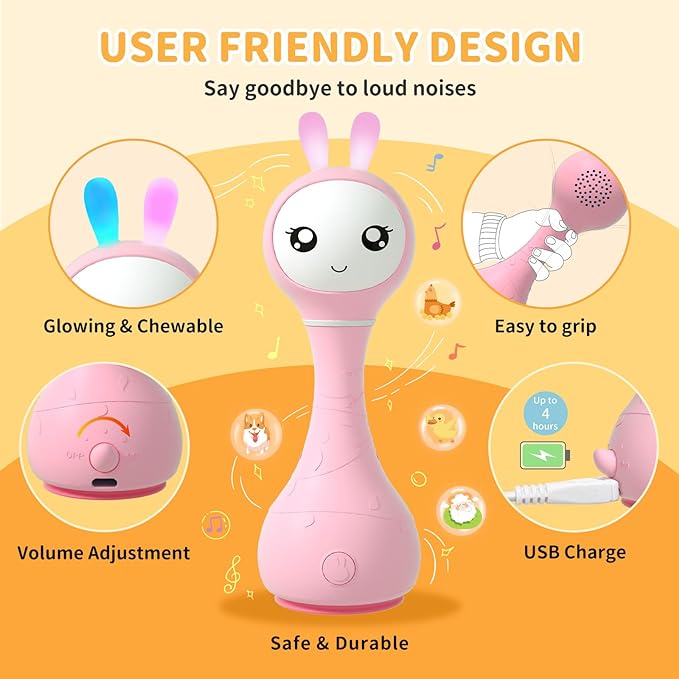 alilo Smarty Bunny Baby Rattle Musical Light Up Toys, Infants Newborns Baby Toys 0-3-6-12-18-24 Months 1 Year 4 Music 9 Color