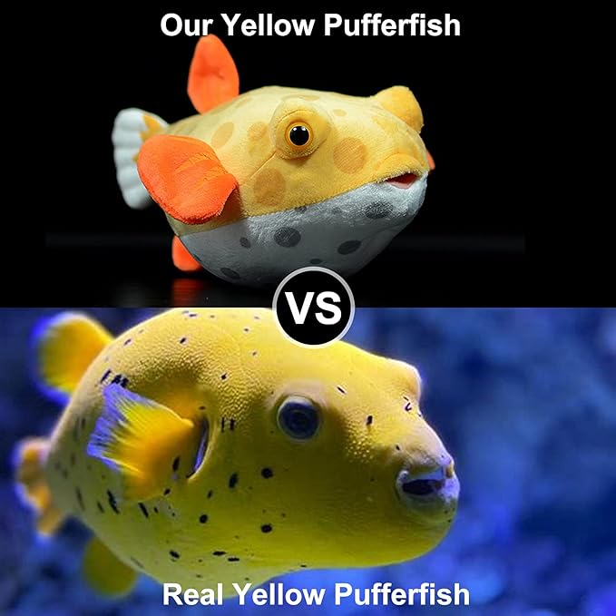 ZHONGXIN MADE Simulation Pufferfish Plush Toy - Real Life Yellow Blowfish Plush Toy Lifelike, Sea Animals Puffers Stuffed Toys Soft Aquarium Fish Dolls, Gifts for Kids, 9 Inches (Yellow)