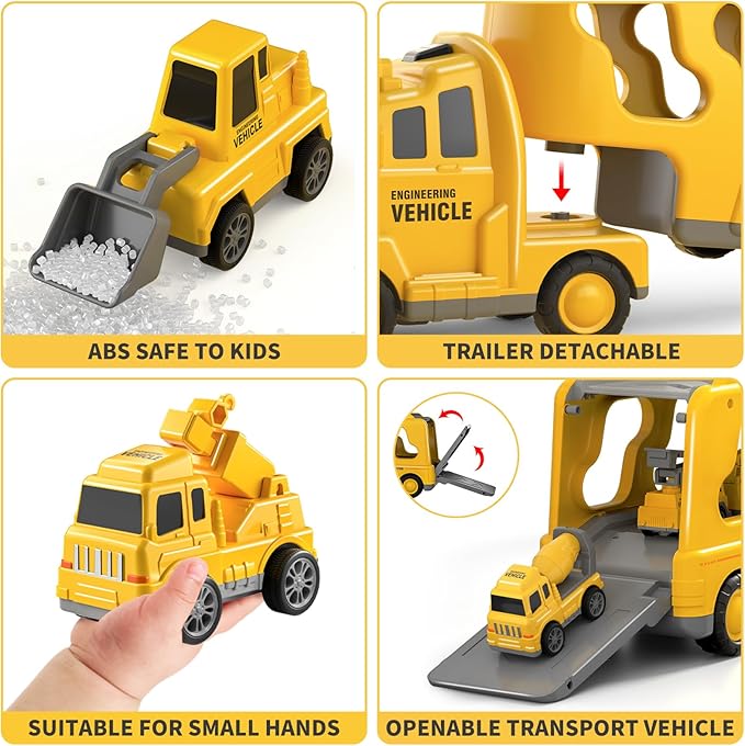 Construction Truck Toys Cars for Toddlers 3-5 - 5-in-1 Friction Power Vehicle Toy 3 4 5 6 Year Old Boys, Cranes Bulldozers Transport Trucks 3-9 Boys