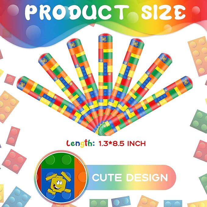 Civaner 24 Pieces Color Brick Party Slap Bracelet Colorful Building Blocks Pattern Slap Bracelets for Building Blocks Party Favors Slap Bracelet Party Supplies for Kids Teens Adults