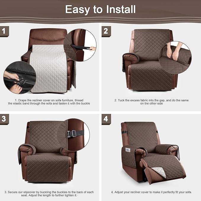 KinCam 100% Waterproof Recliner Chair Cover, Reclining Couch Covers for Pets, Dogs, Recliner Couch Slipcover Furniture Protector with Elastic Straps for Kids(28", Brown)