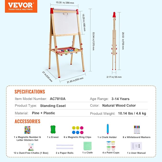 VEVOR Art Easel for Kids, 3-in-1 Wooden Double-Sided Kid's Art Easel with Magnetic Whiteboard, Chalkboard & Paper Roll, Adjustable Standing Drawing Board with Painting Accessories for Boys and Girls