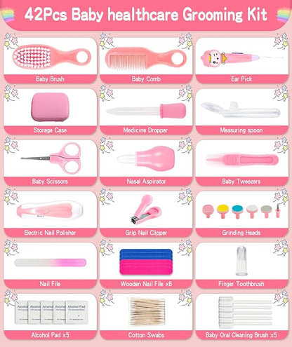 Baby Grooming and Healthcare Kit, Portable Baby Safety Care Set with Hair Brush Comb Nail Clipper Nasal Aspirator for Nursery Newborn Infant Girl Boy (27 in 1