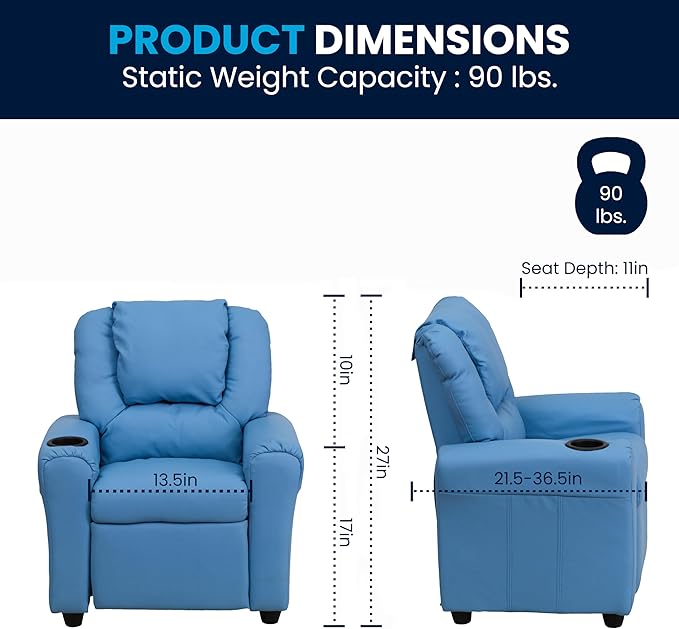 Flash Furniture Vana Vinyl Kids Recliner with Cup Holder, Headrest, and Safety Recline, Contemporary Reclining Chair for Kids, Supports up to 90 lbs., Light Blue