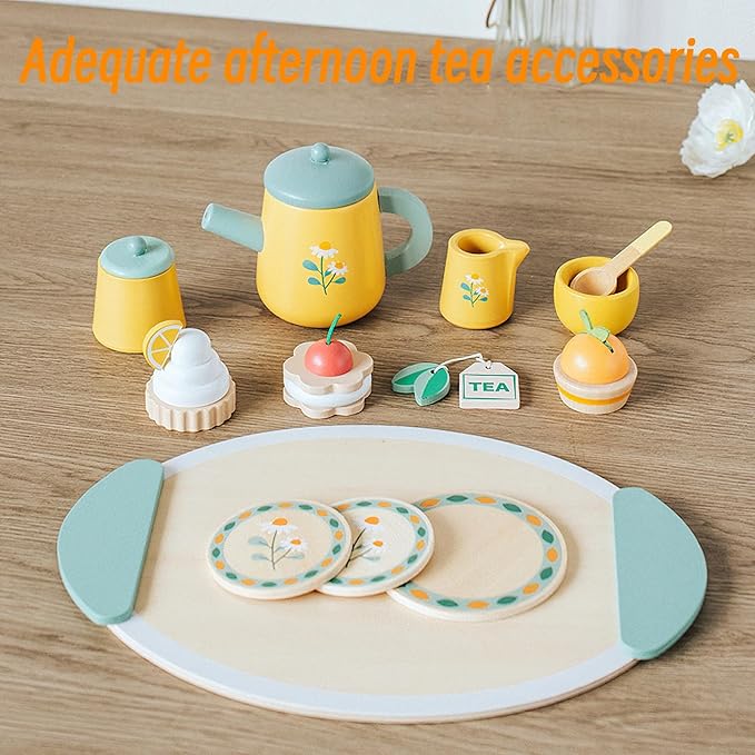 Wooden Tea Party Set for Little Girls Toys, Pretend Play Kids Tea Set for Toddlers Wood Toys, Wooden Play Food Kitchen Accessories Sets for Kid (Royal Tea)