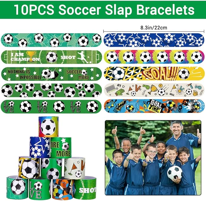 YUJUN 112 PCS Soccer Party Favors Set , Soccer Toy Soccer Fidget Spinners Slap Bracelet Whistle Tattoos Stickers Keychains for Kids Soccer Themed Birthday Party Favors Goodie Present Bags Decorations