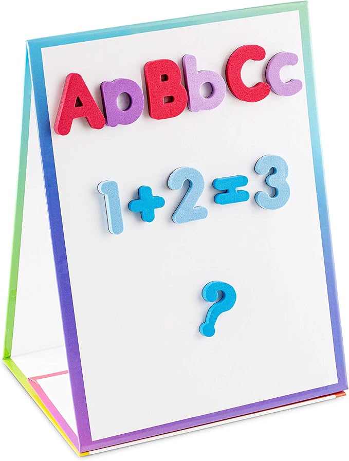 Tabletop Magnetic Easel Whiteboard (2 Sides) Includes:199 Magnetic ABC Alphabet Letters-Numbers-Symbol's, 5 Dry Erase Markers, & 1 Eraser. Drawing Art White Board Educational Kids Toy