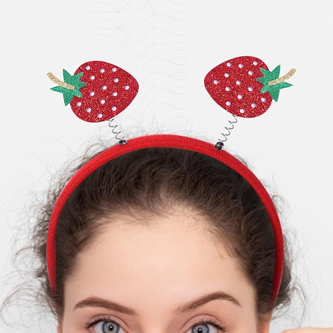 Glitter Strawberry Headband - Cute Red Hair Hoop, Hawaiian Party Hair Band Boppers