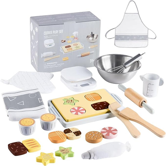 Wooden Toy Bake and Cookie Set, Pretend Play Food Sets for Kids, Pretend Cookies and Baking Set Kitchen Playset, Pretend Play Kitchen Accessories Gift for Boys and Girls Ages 3+
