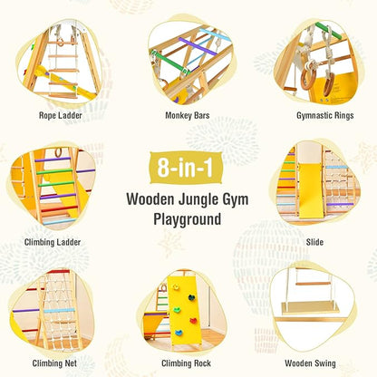 Costzon Indoor Jungle Gym, 8-in-1 Montessori Climbing Toys for Toddlers with Slide, Climbing Rock/Net, Monkey Bars, Indoor Wooden Playground Climber Playset for Kids 3-6 Years Birthday