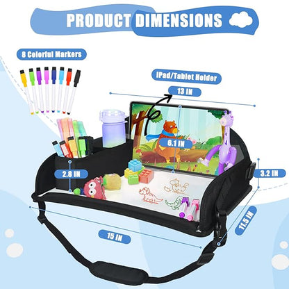 Upgraded Kids Travel Tray for Airplane - Toddler Car Seat Table Tray, Road Trip Essentials for Boys & Girls, Carseat Lap Desk for Kids Road Trip Activities, Black - 2 PCS
