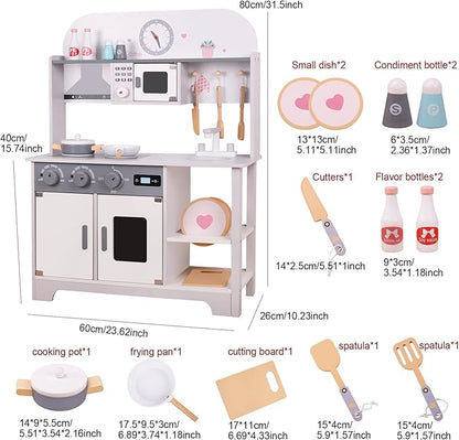Wooden Kitchen Sets for Kids, Play Toddler Kitchen Playset, Chef Pretend Kitchen with Plenty of Play Features, Toy Kitchen with Toy Food & Cookware Accessories, Early Education Toy Gift for Boys Girls