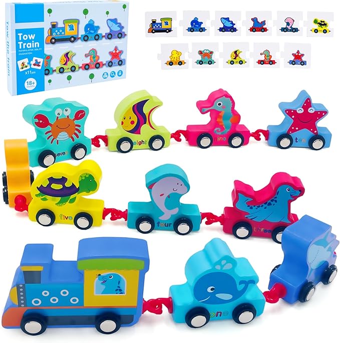 Wooden Ocean Animals Train Set Toy for 2 3 4 2-4 Boy 1-2-4.