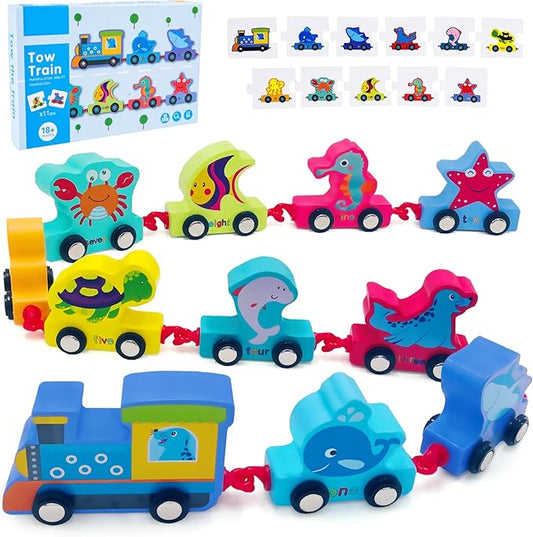 Wooden Ocean Animals Train Set Toy for 2 3 4 2-4 Boy 1-2-4.