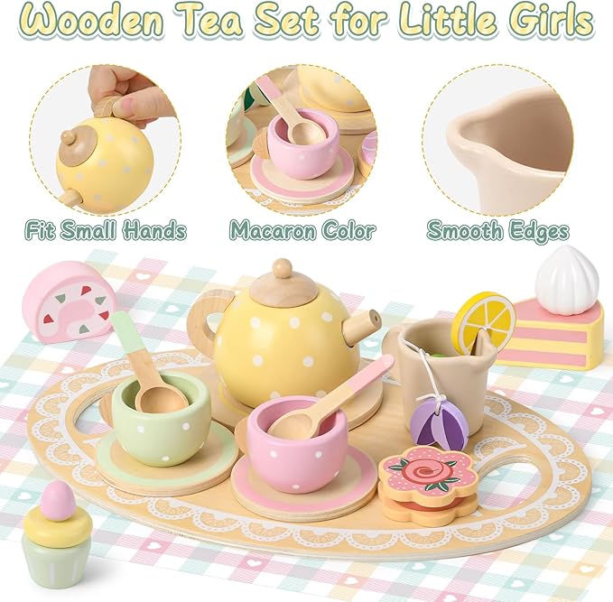 Wooden Tea Party Set for Little Girls Toddler Tea Set with Cupcake Stand & Food Dessert, Play Kitchen Accessories for Toddlers 2 3 4 5 6 Years Old, Wooden Toys Birthday Kids Girls Gifts 3-6