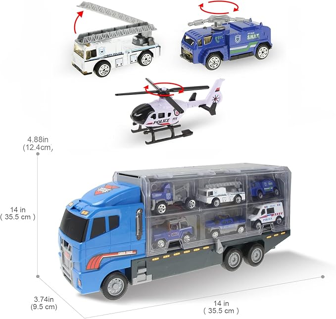 Jenilily Police Car Toy Blue Truck Toy Transporter Mini Vehicles 3 4 5 6