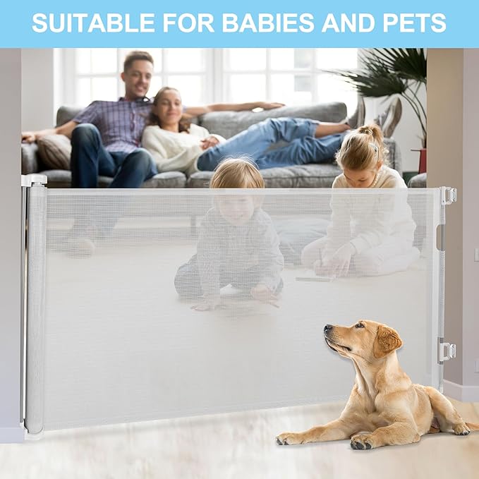80 Inch Baby Gate Extra Wide Retractable Dog Gate Mesh Baby Gate Outdoor Baby Gates for Decks Indoor Mesh Gate Retractable Pet Gate Doorway Gate Safety Gates for Stairs Babies Kids gate (Light Gray)