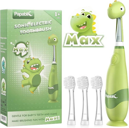 Papablic Toddler Sonic Electric Toothbrush for Ages 1-3 Years, Baby Electric Toothbrush with Cute Dino Cover and Smart LED Timer, 4 Brush Heads (Max)