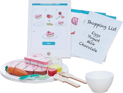 Teamson Kids Little Chef Frankfurt 27 Piece Play Kitchen Tablet with Recipes and Pretend Ingredients and Wooden Food Cutting Set, Multicolor/White , Green