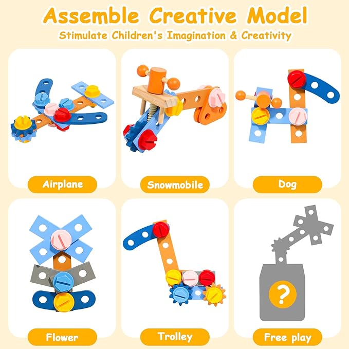 TONZE Kids Tool Set with Apron, Wooden Toddler Tool Bench Montessori Toys for 2+Year Old 39 PCS Educational STEM Construction Toys for Ages 2-4 Pretend Play Toddler Toys 3 4 5 Year Old Birthday Gift