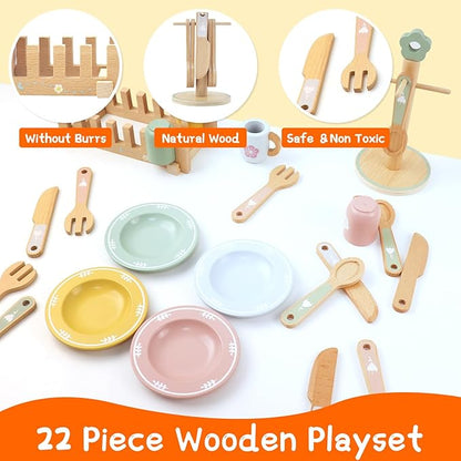 Wooden Play Kitchen Accessories, Play Plates and Cups for Kids Kitchen, Play Dishes for Kids Kitchen, Play Pots and Pans for Toddlers Boys and Girls 3 4 5 6