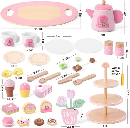 Wooden Tea Party Set for Toddler Girls Toys Gift with Cupcake Stand & Tray & Flower & Dessert, Kids Pretend Play Kitchen Accessories Christmas Birthday Gifts for 3 4 5 6 Years Old Little Girl