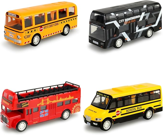 CORPER TOYS Bus Toys Die Cast Metal Toy Cars Pull 4 Pack