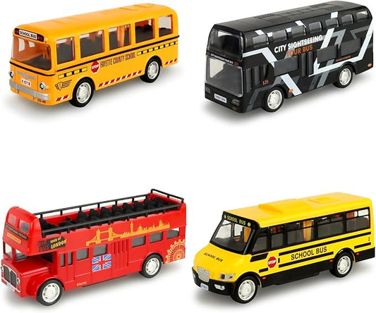 CORPER TOYS Bus Toys Die Cast Metal Toy Cars Pull 4 Pack