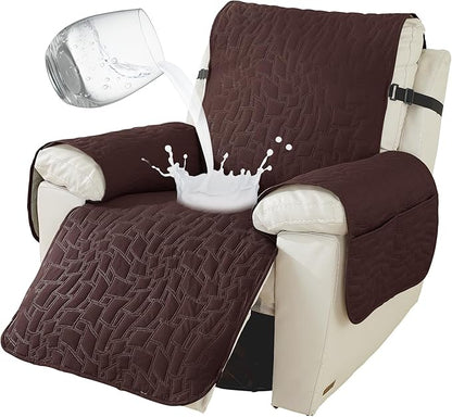 Recliner Covers That Stay in Place, 100% Waterproof Non-Slip Recliner Chair Covers with Pocket, Elastic Straps, Washable Reclining Chair Protector for Kids, Pets, Dog, Cat,Dark Coffee,28IN