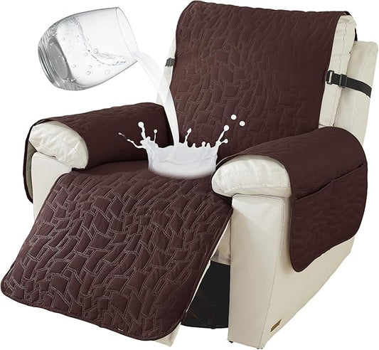 Recliner Covers That Stay in Place, 100% Waterproof Non-Slip Recliner Chair Covers with Pocket, Elastic Straps, Washable Reclining Chair Protector for Kids, Pets, Dog, Cat,Dark Coffee,28IN