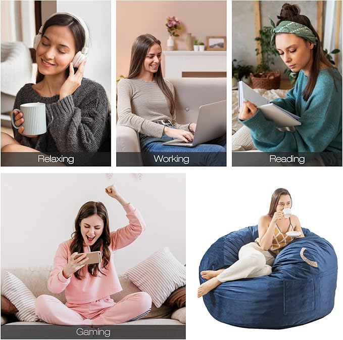 [Removable Outer Cover] Large Bean Bag Chair: 3 ft Memory Foam Bean Bag Chairs for Adults/Kids,Bean Bag Chair with Filler Included,Soft Faux Fur Fabric,Machine Wash,Navy,3 Foot