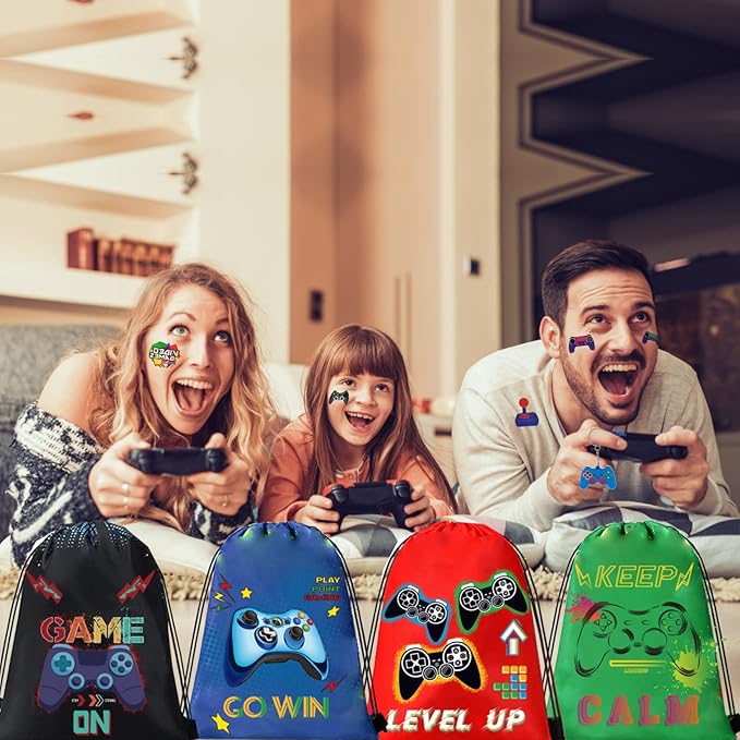 61 Pcs Video Game Party Favors, Gamer Party Favors Bags Includes 12 Pcs16 x 13 Inch Video Game Party Drawstring Bags Slap Bracelets Keychains Tattoo Stickers for Kids Gaming Party Favors