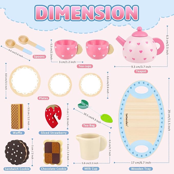 Wooden Tea Set for Little Girls Birthday Gift 2-4 Year Old Princess Toys Play Food Sets for Kids Kitchen Accessories Toddlers 3-5 Outdoor Party 1-3 Pretend Food Dessert Cookies Wood Toy