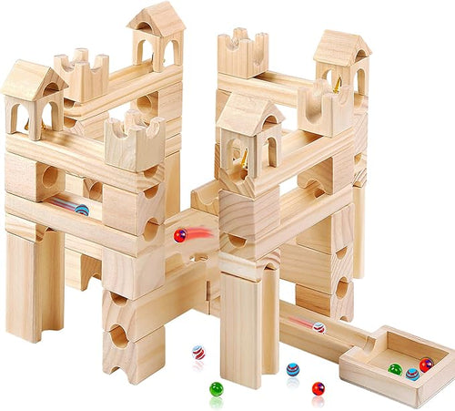 Wooden Marble Run for Kids Ages 4-8 – 80 Pieces Marble Rush Track Maze Construction Toy, STEM Building Blocks, Educational Gift for Boys & Girls