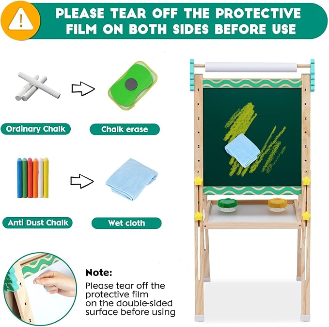 Wooden Art Easel for Kids with Paper Roll Height Adjustable Standing Easel Double-Sided Easel with Whiteboard Chalkboard Storage Tray Painting Accessories Gift for Boys Girls Toddler Ages 3+