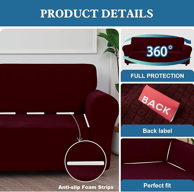 100% Waterproof Jacquard Fabric Couch Cover, Dual Layer with TPU Film, Leakproof High Elasticity Non-Slip Washable Furniture Protector for Pets, Dogs, Cats and Kids (Chair,Wine)