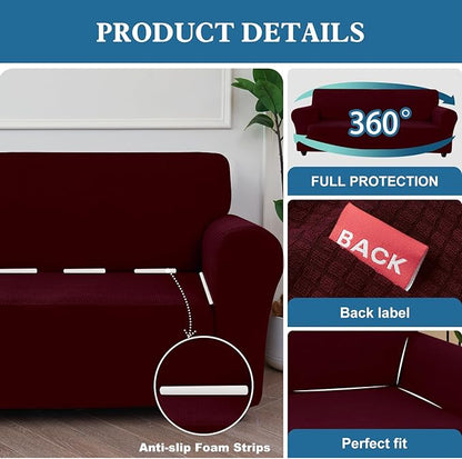 100% Waterproof Jacquard Fabric Couch Cover, Dual Layer with TPU Film, Leakproof High Elasticity Non-Slip Washable Furniture Protector for Pets, Dogs, Cats and Kids (Loveseat,Wine)