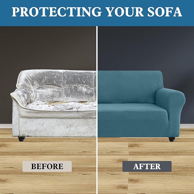 100% Waterproof Jacquard Fabric Couch Cover, Dual Layer with TPU Film, Leakproof High Elasticity Non-Slip Washable Furniture Protector for Pets, Dogs, Cats and Kids (Loveseat,Dusty Blue)