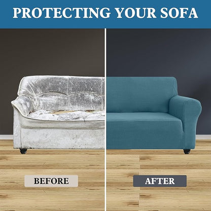 100% Waterproof Jacquard Fabric Couch Cover, Dual Layer with TPU Film, Leakproof High Elasticity Non-Slip Washable Furniture Protector for Pets, Dogs, Cats and Kids (Loveseat,Dusty Blue)