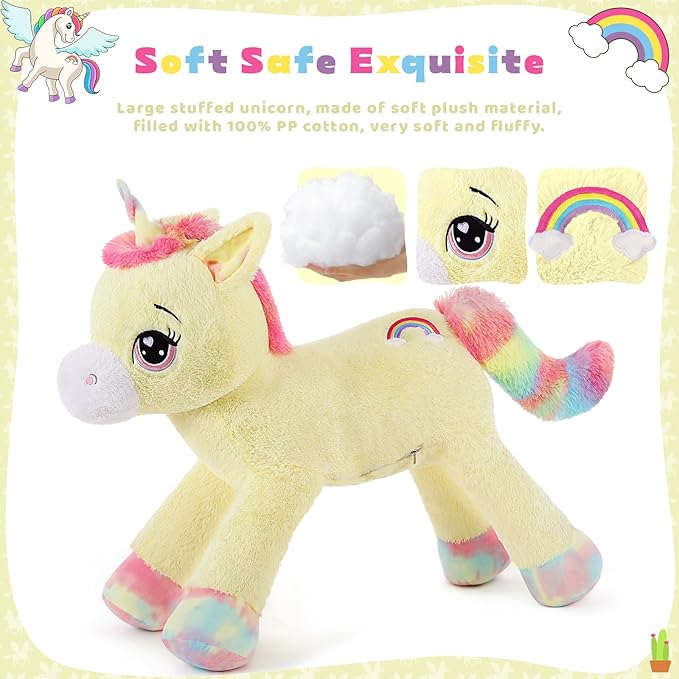 Tezituor 43 inch Unicorn Stuffed Animals, Large Unicorn Plush Pillow for Boys Girls, Soft Plush Toys for Kids, Christmas, Birthday, Valentine's (Yellow)