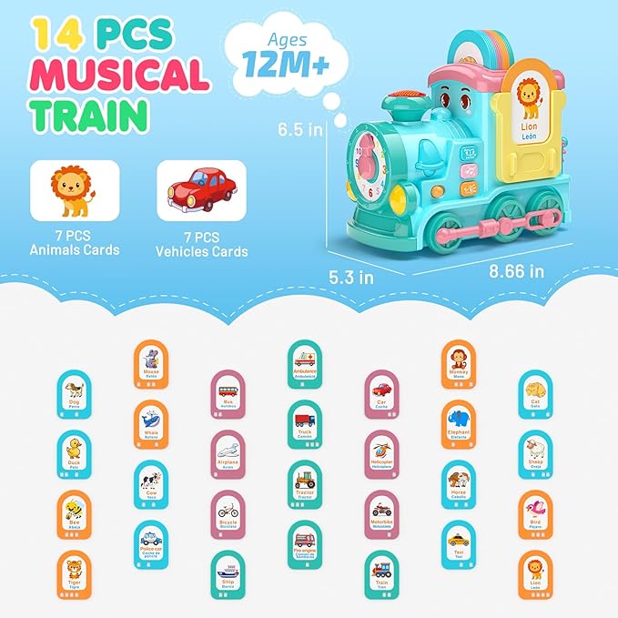 Hot Bee Talking Flash Cards for Toddlers,Learning Toys for 1 2 3 4 5 6 Year Old Boys,Montessori Toys,24-in-1 Multi Musical Train withTalking Flash Cards,Crawling,Learning, Motor Skills