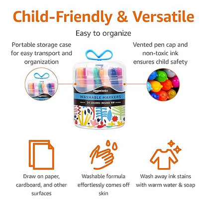 Amazon Basics Washable Markers for Kids, Round Tip Assorted, Pack 24