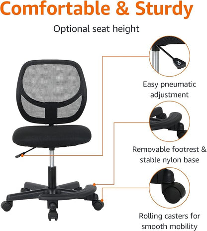 Amazon Basics Kids Adjustable Mesh Low-Back Swivel Study Desk Chair with Footrest, Black