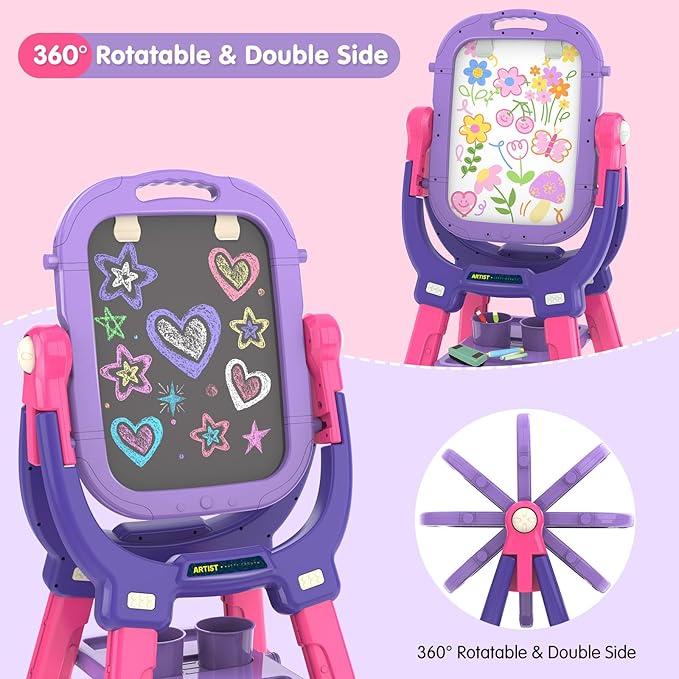 Victostar Easel for Kids, Rotatable Double Sided Adjustable Standing Art Easel with Drawing & Writing Accessories for Kids Boys and Girls