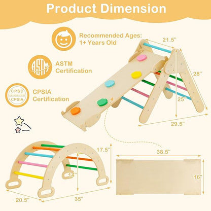 Costzon Climbing Toys for Toddlers, Foldable Montessori Wooden Arch Climber Ladder with Sliding Ramp, Multi-Combination Methods, Rainbow Kids Triangle Climber Play Gym Set for Boys Girls Gift Present