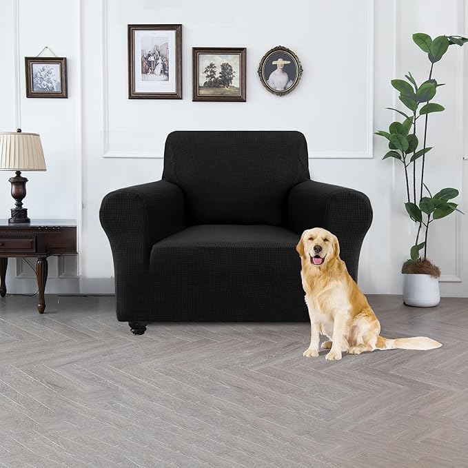 100% Waterproof Jacquard Fabric Couch Cover, Dual Layer with TPU Film, Leakproof High Elasticity Non-Slip Washable Furniture Protector for Pets, Dogs, Cats and Kids (Chair,Black)